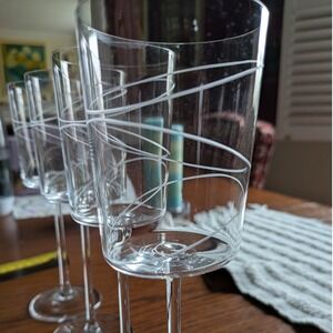 4 Modern Etched Swirl Oval Champagne Flute Wine Clear Crystal Tall Stem Glasses